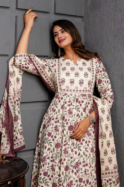 Purple Cotton Anarkali Floral Printed Suit Set