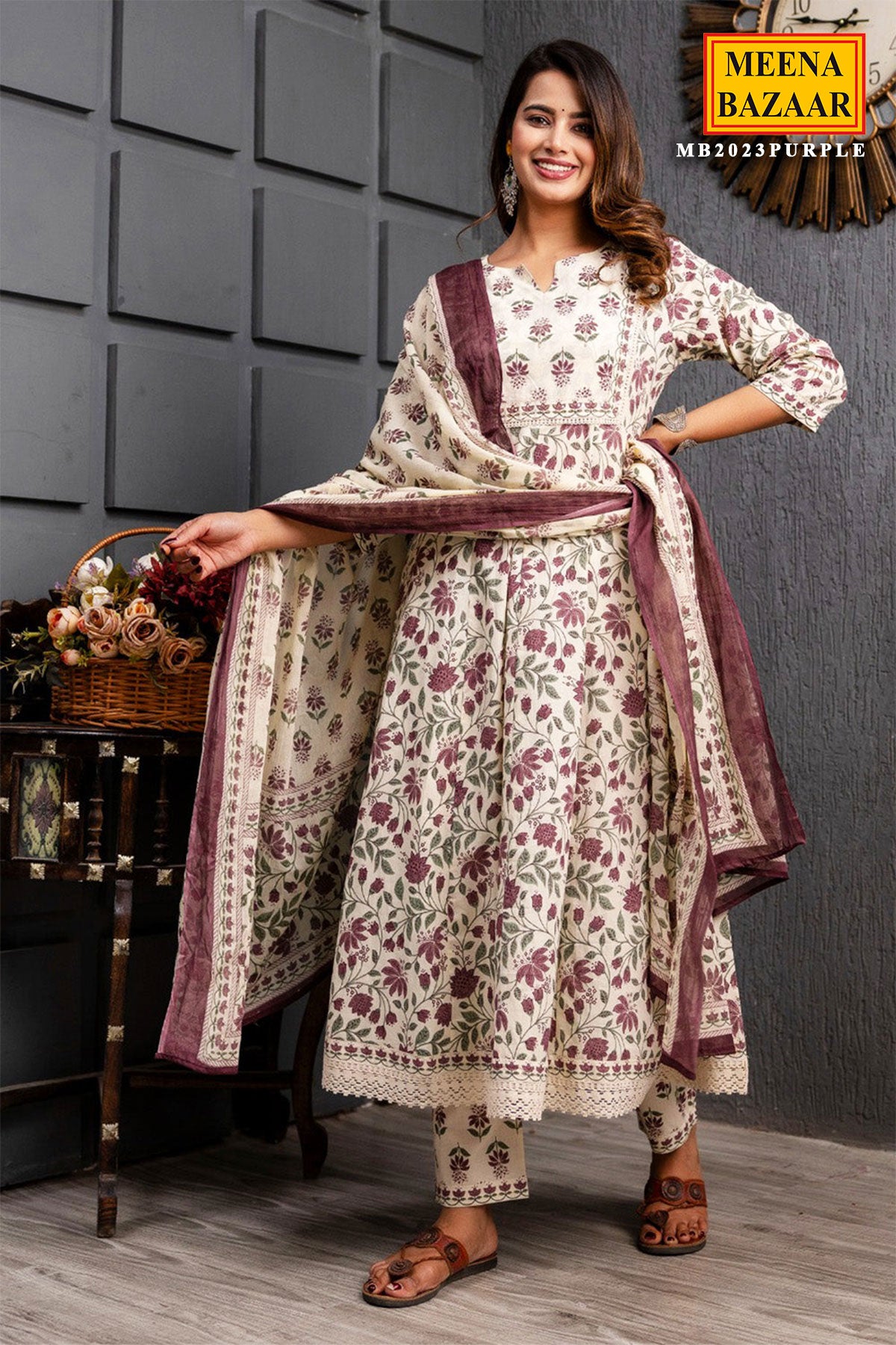 Purple Cotton Anarkali Floral Printed Suit Set