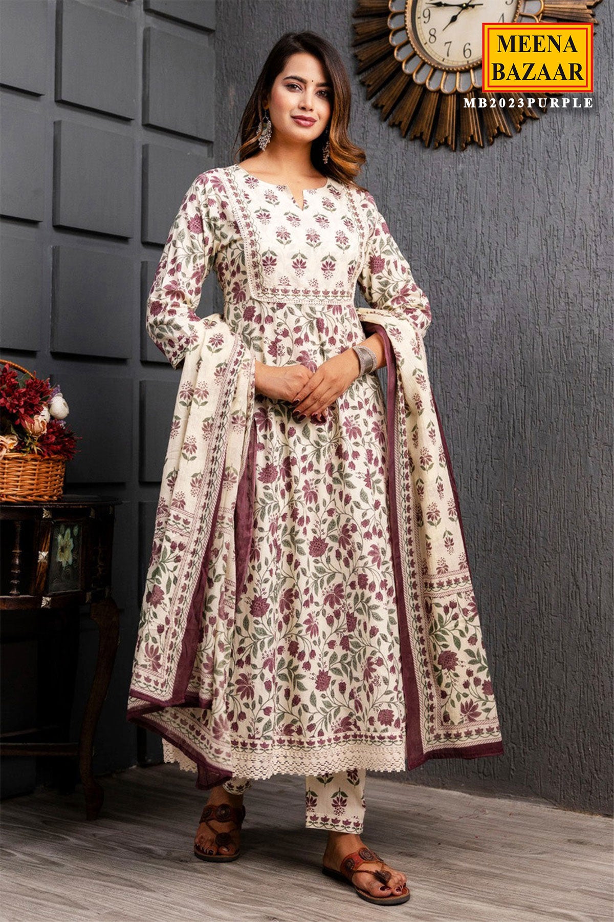 Purple Cotton Anarkali Floral Printed Suit Set