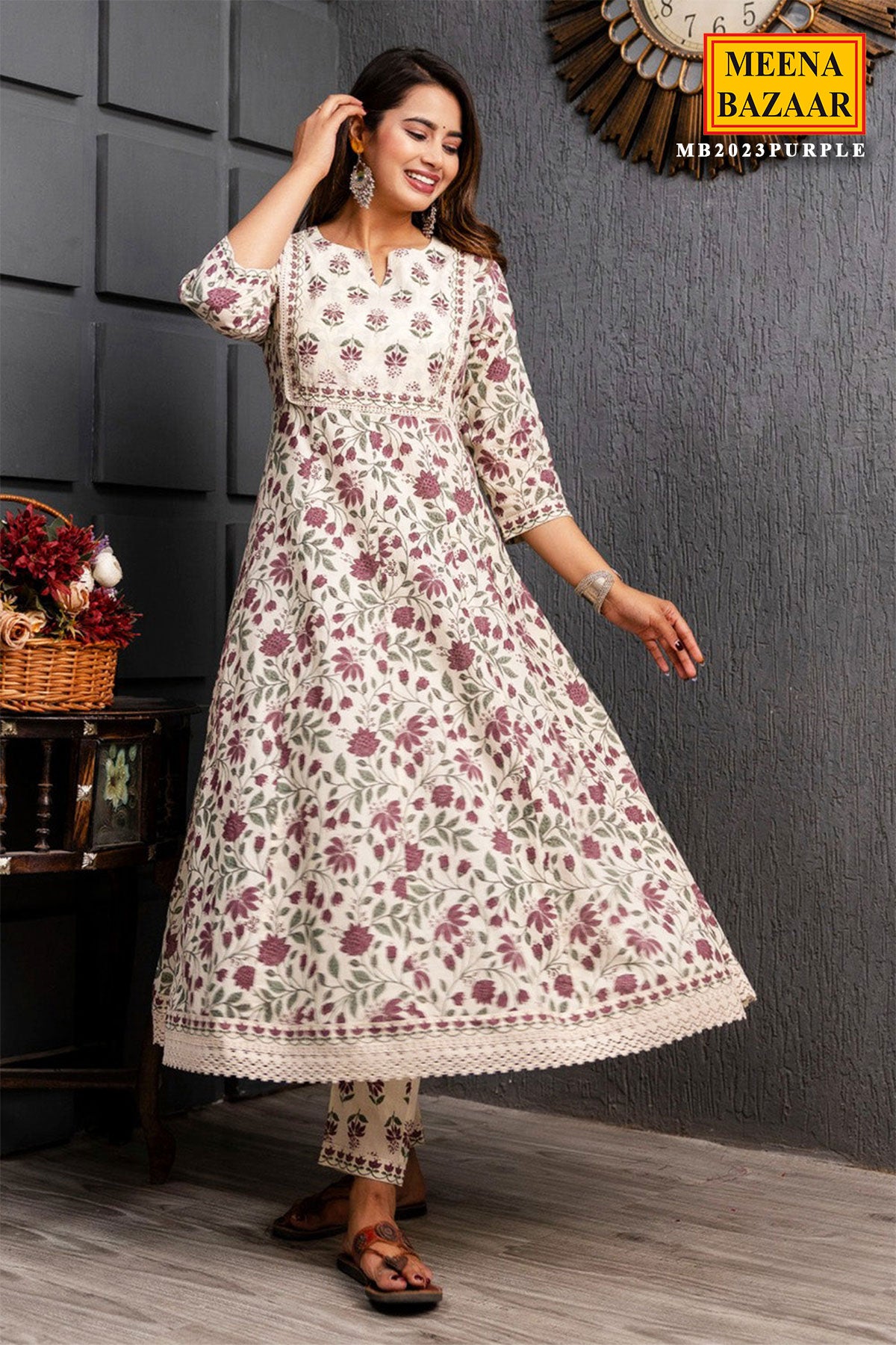 Purple Cotton Anarkali Floral Printed Suit Set