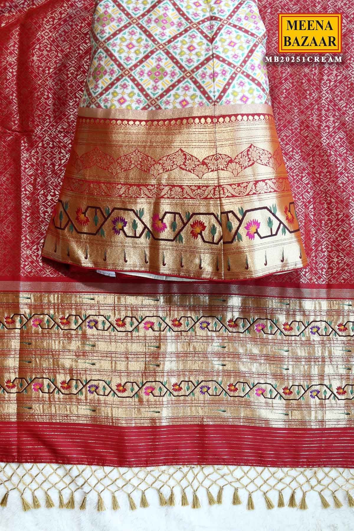 Cream Patola Silk Zari Embroidered Lehenga Set