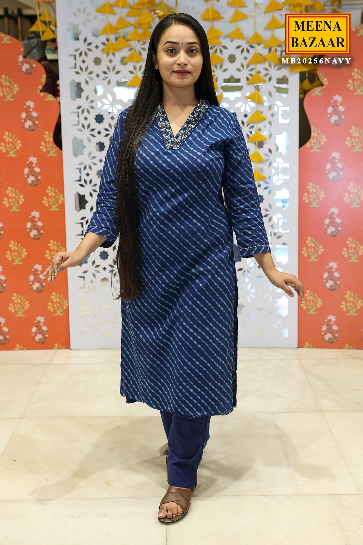 Navy Cotton Printed Kurti Pant Set With Dupatta