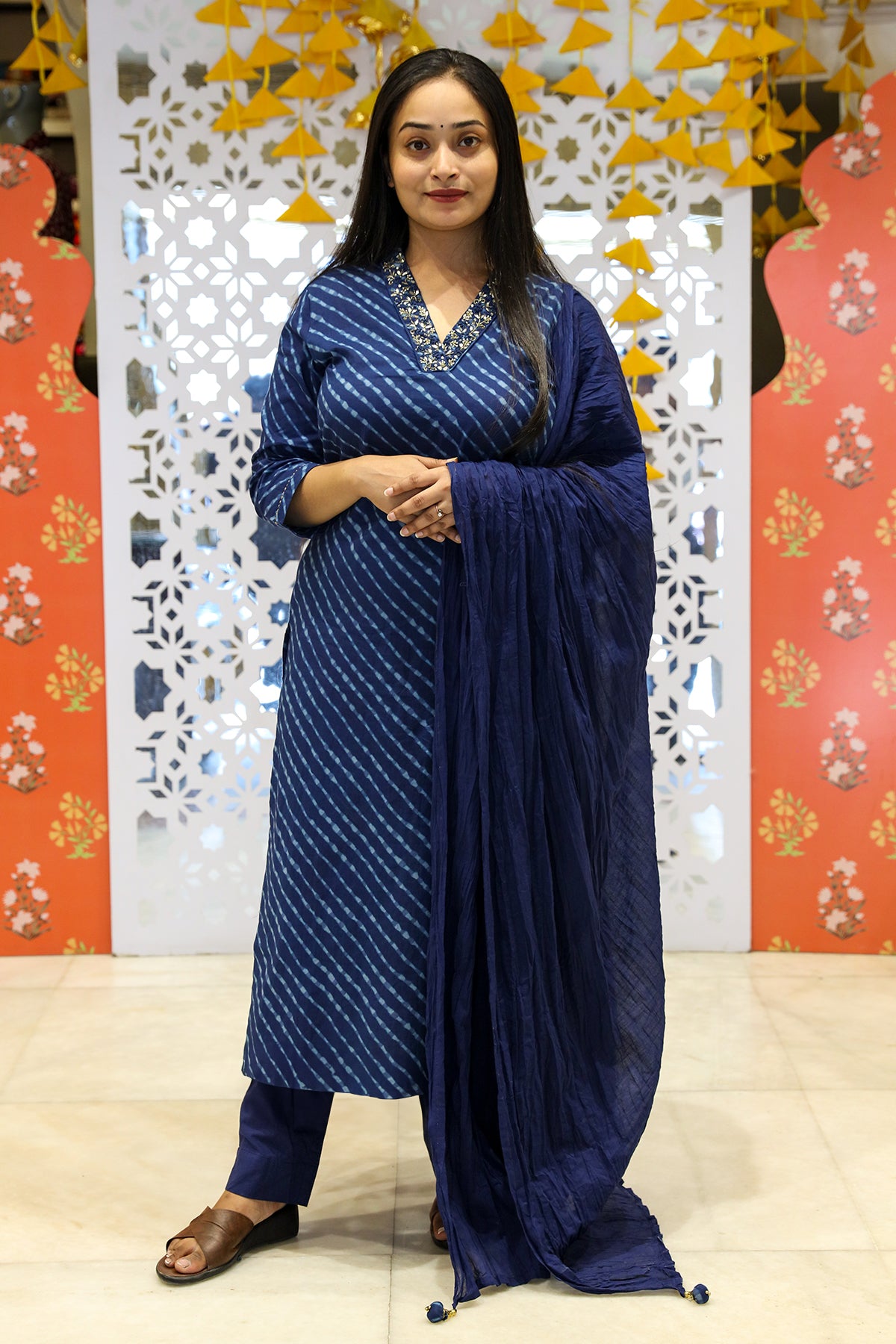 Navy Cotton Printed Kurti Pant Set With Dupatta