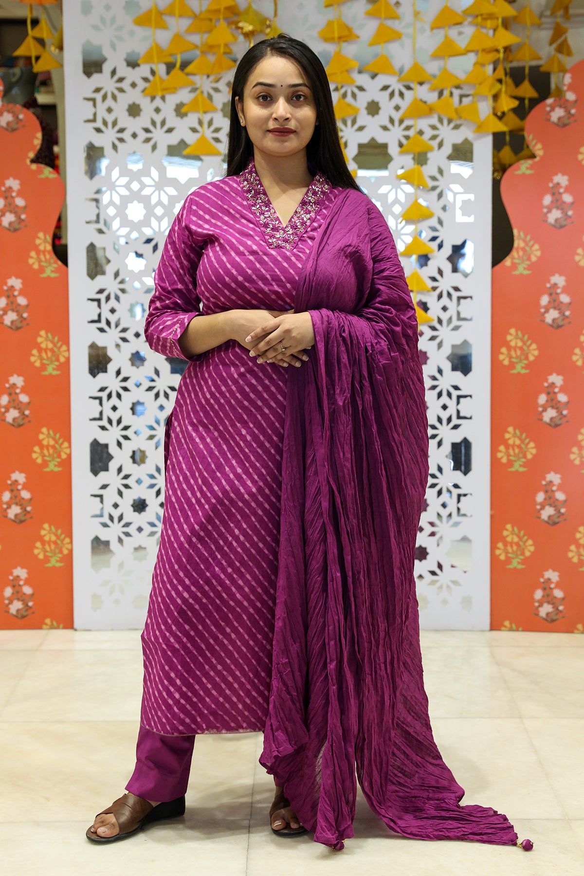 Purple Cotton Printed Kurti Pant Set With Dupatta