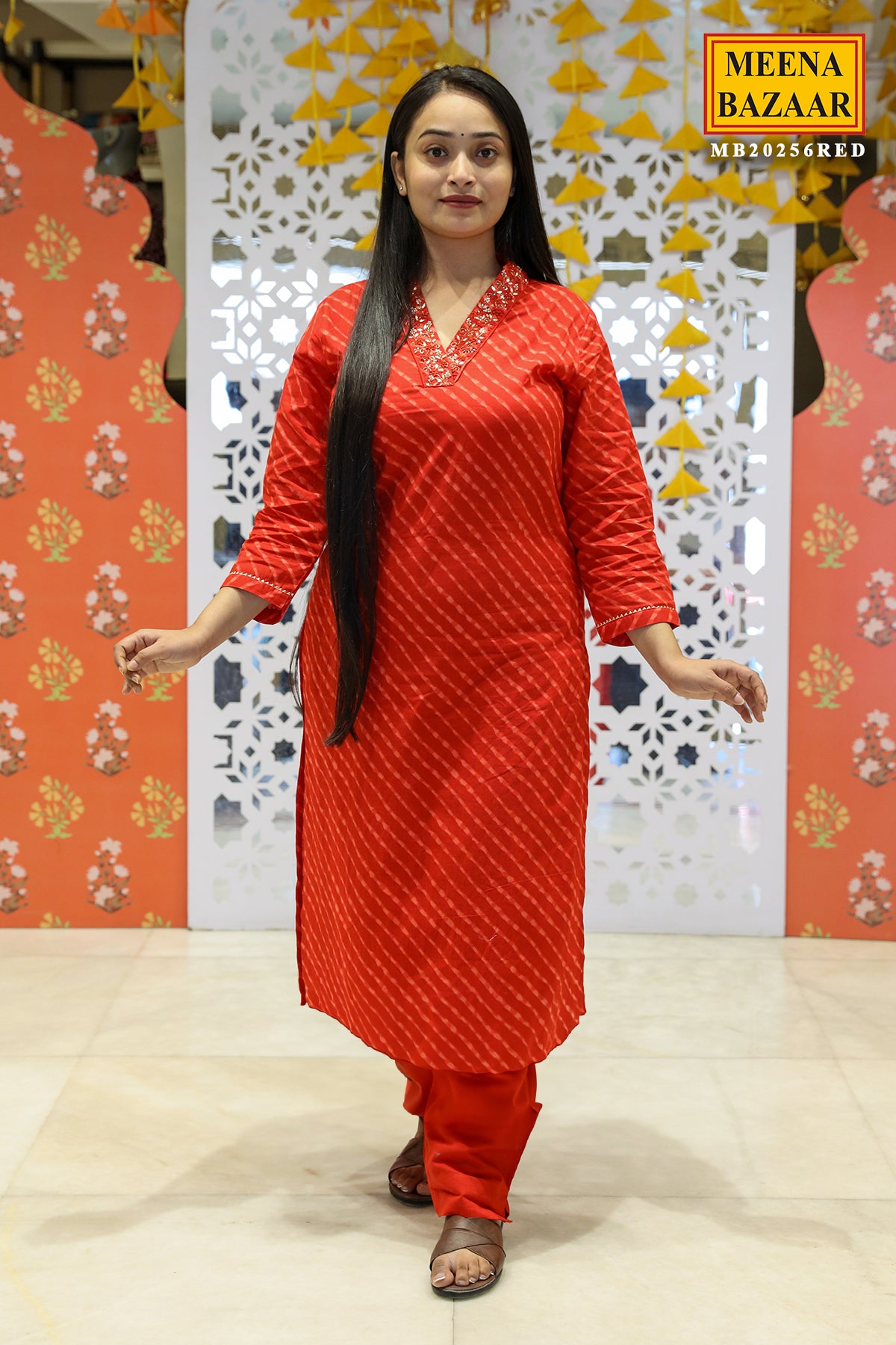 Red Orange Cotton Printed Kurti Pant Set With Dupatta