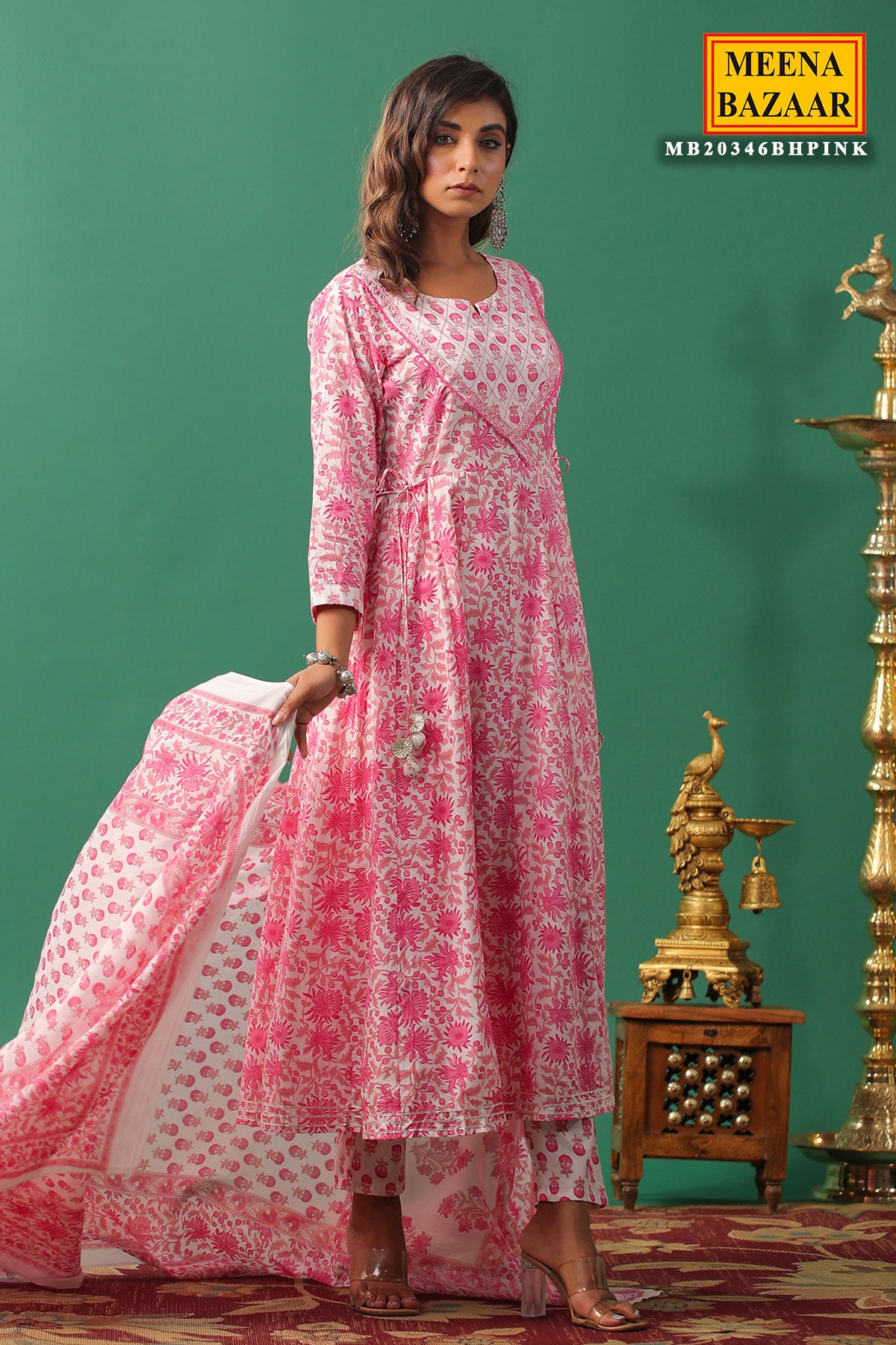 Pink Cotton Floral Printed Thread and Zari Embroidered Suit