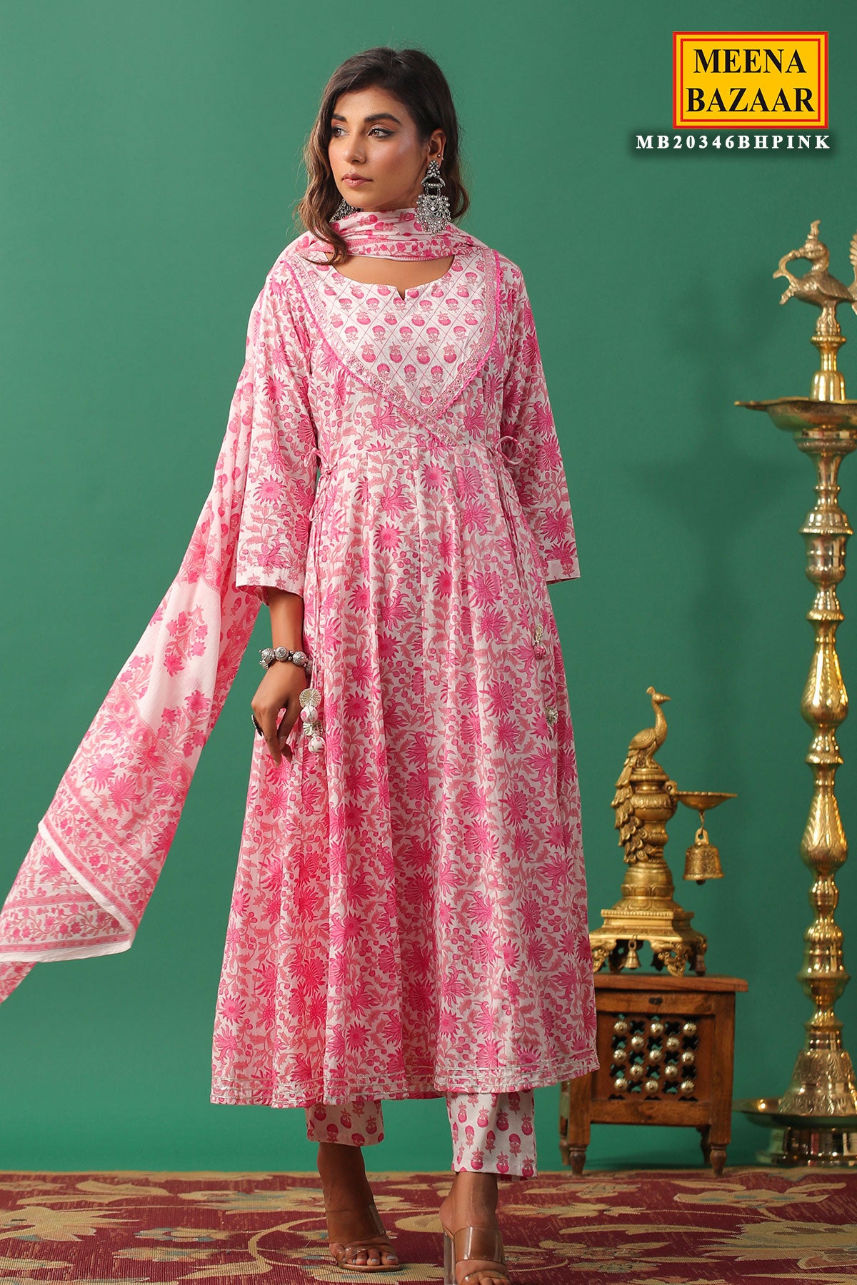 Pink Cotton Floral Printed Thread and Zari Embroidered Suit