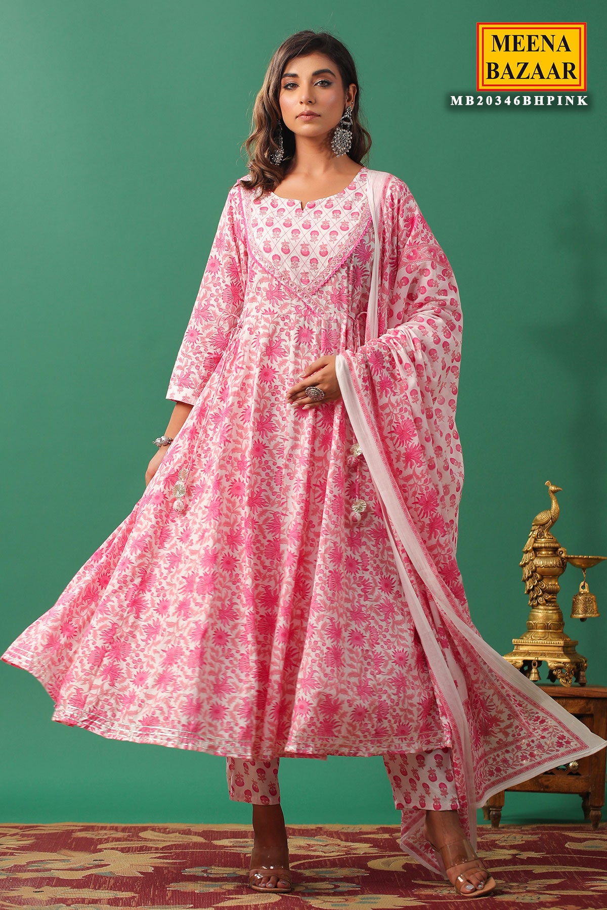 Pink Cotton Floral Printed Thread and Zari Embroidered Suit