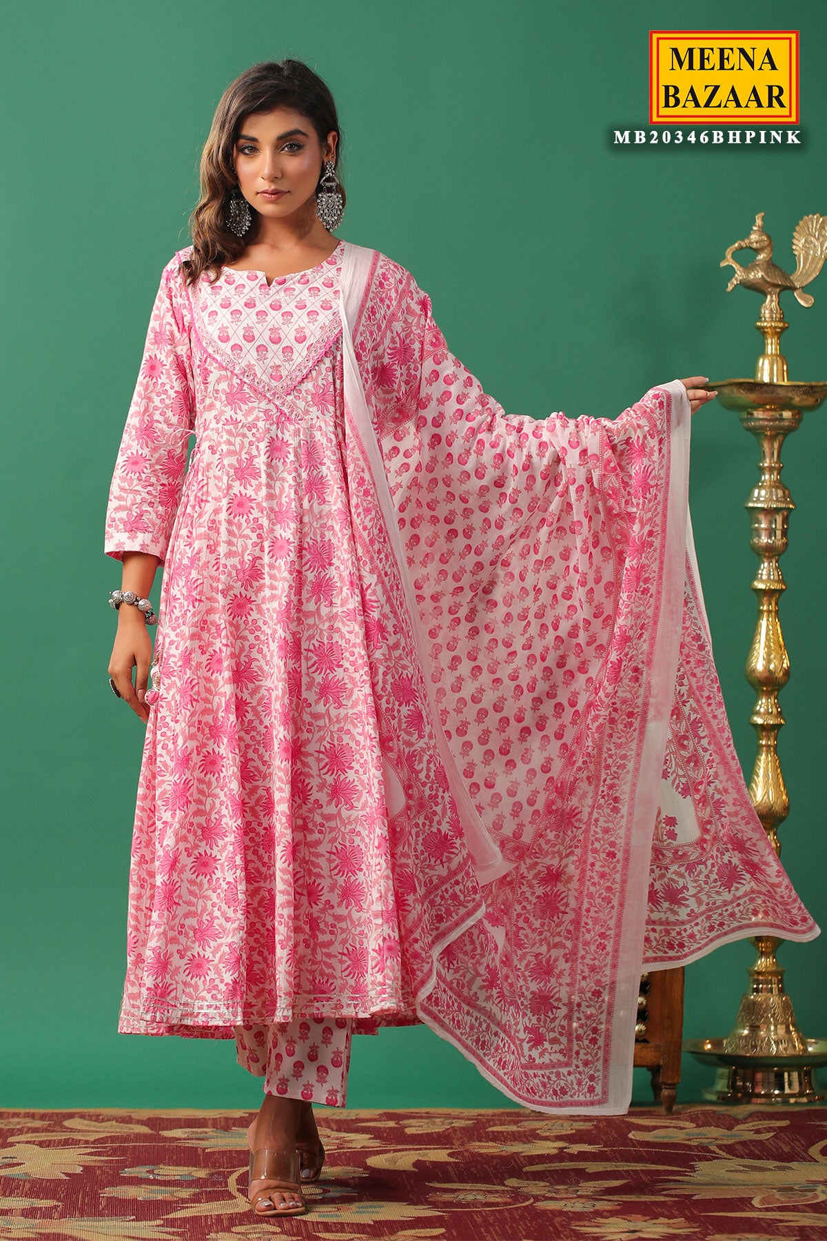 Pink Cotton Floral Printed Thread and Zari Embroidered Suit