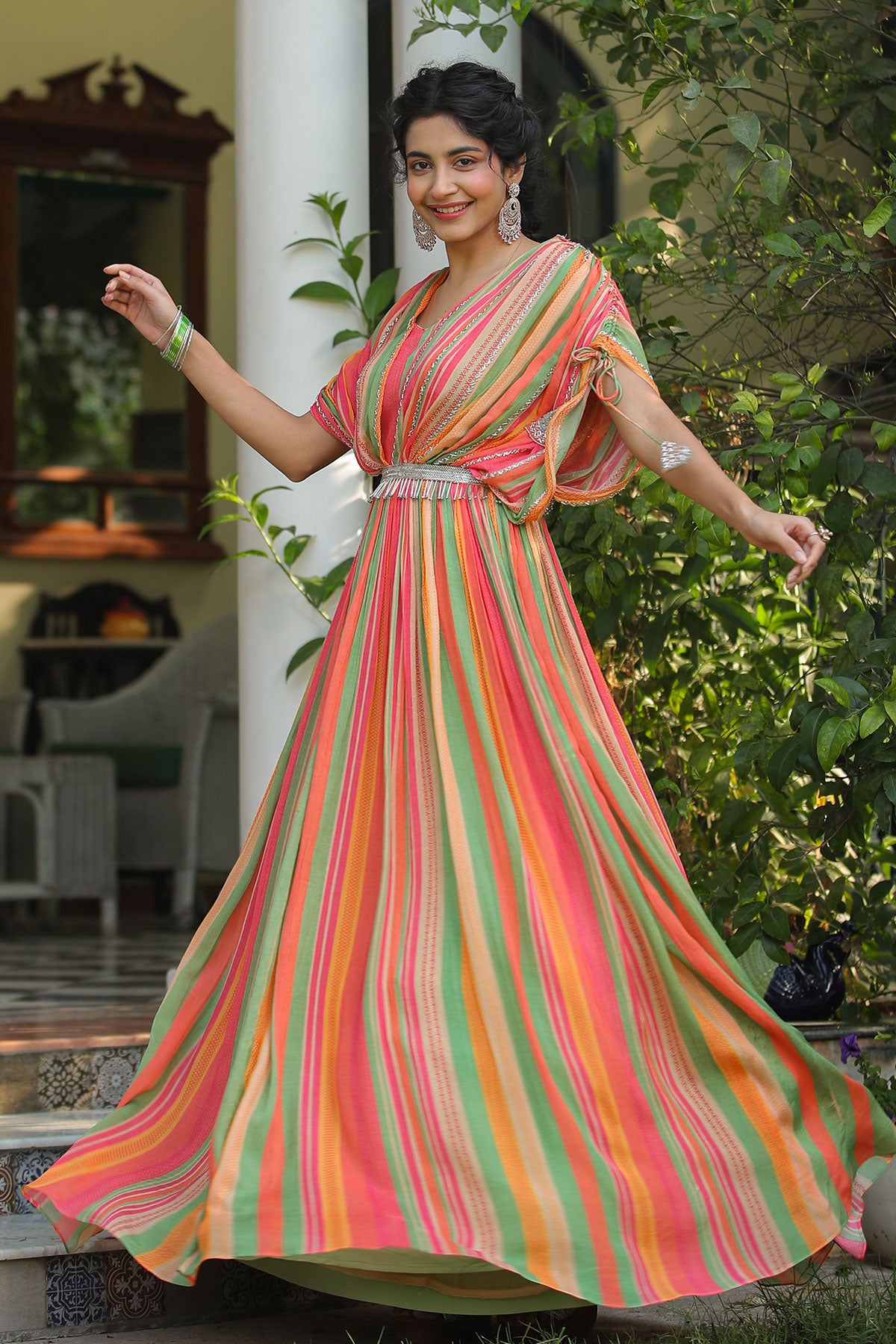 Green Chinon Striped Floor Length Dress With Cape Sleeves