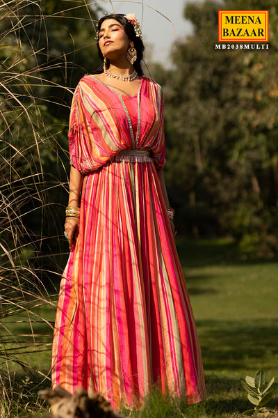 Pink Chinon Striped Floor Length Dress With Cape Sleeves