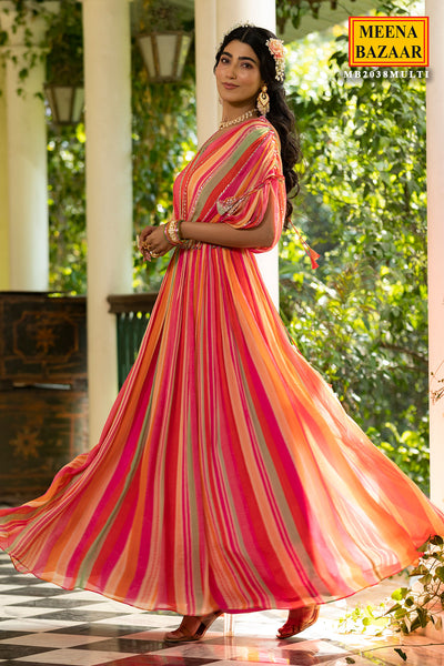 Pink Chinon Striped Floor Length Dress With Cape Sleeves