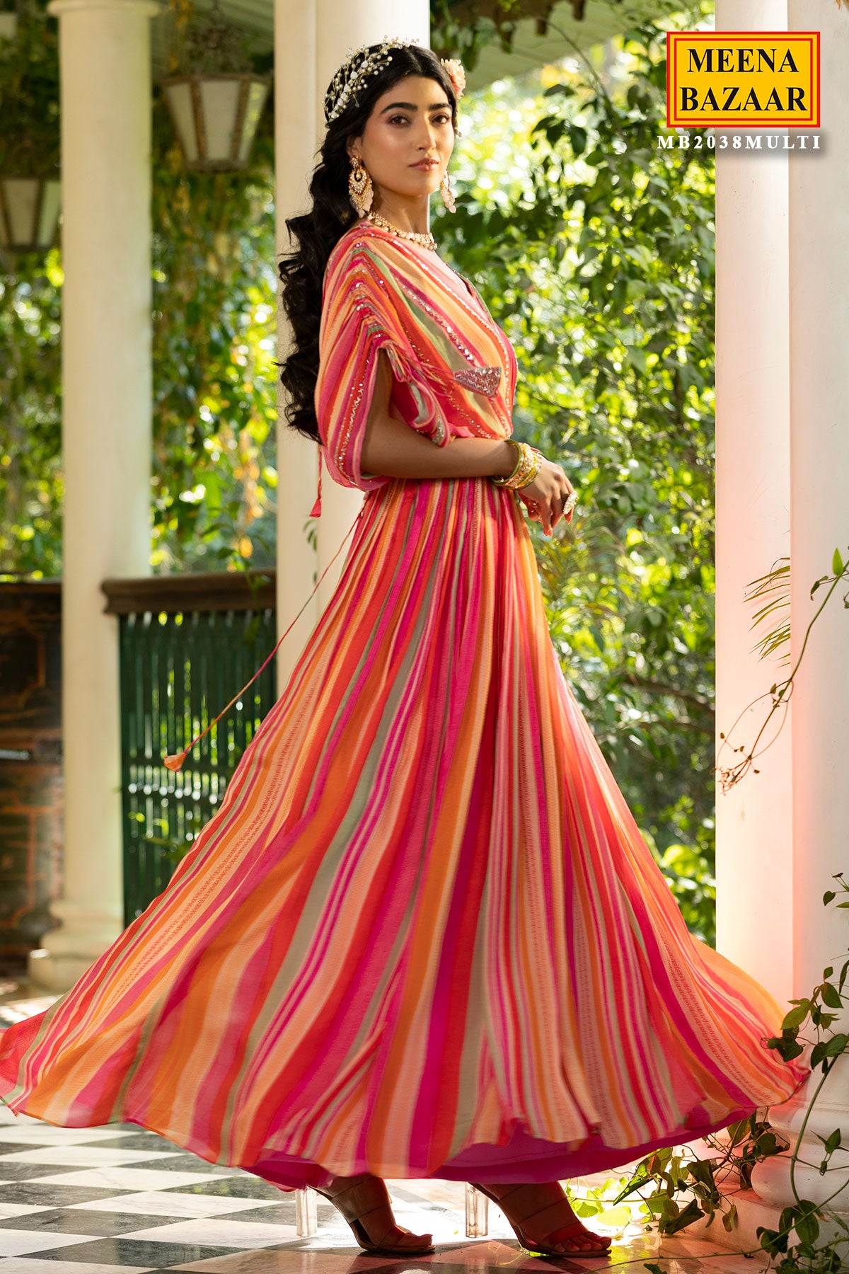 Pink Chinon Striped Floor Length Dress With Cape Sleeves