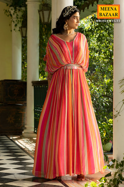 Pink Chinon Striped Floor Length Dress With Cape Sleeves