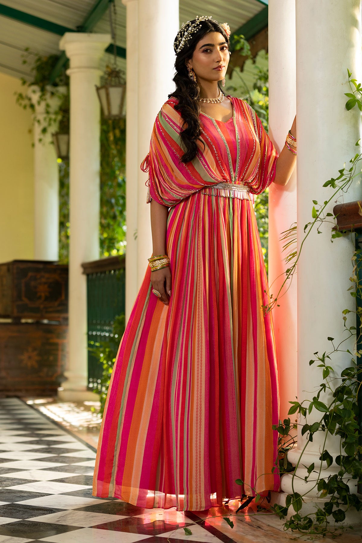 Pink Chinon Striped Floor Length Dress With Cape Sleeves