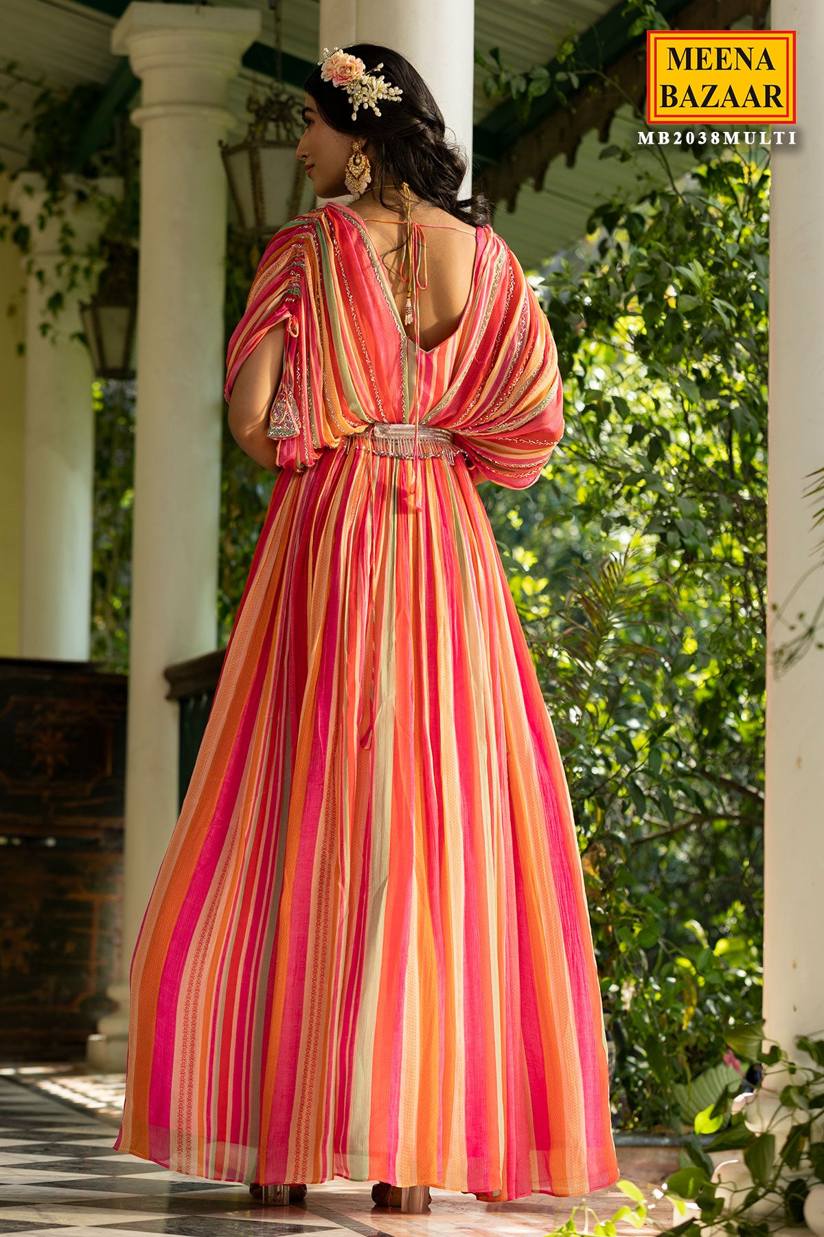 Pink Chinon Striped Floor Length Dress With Cape Sleeves