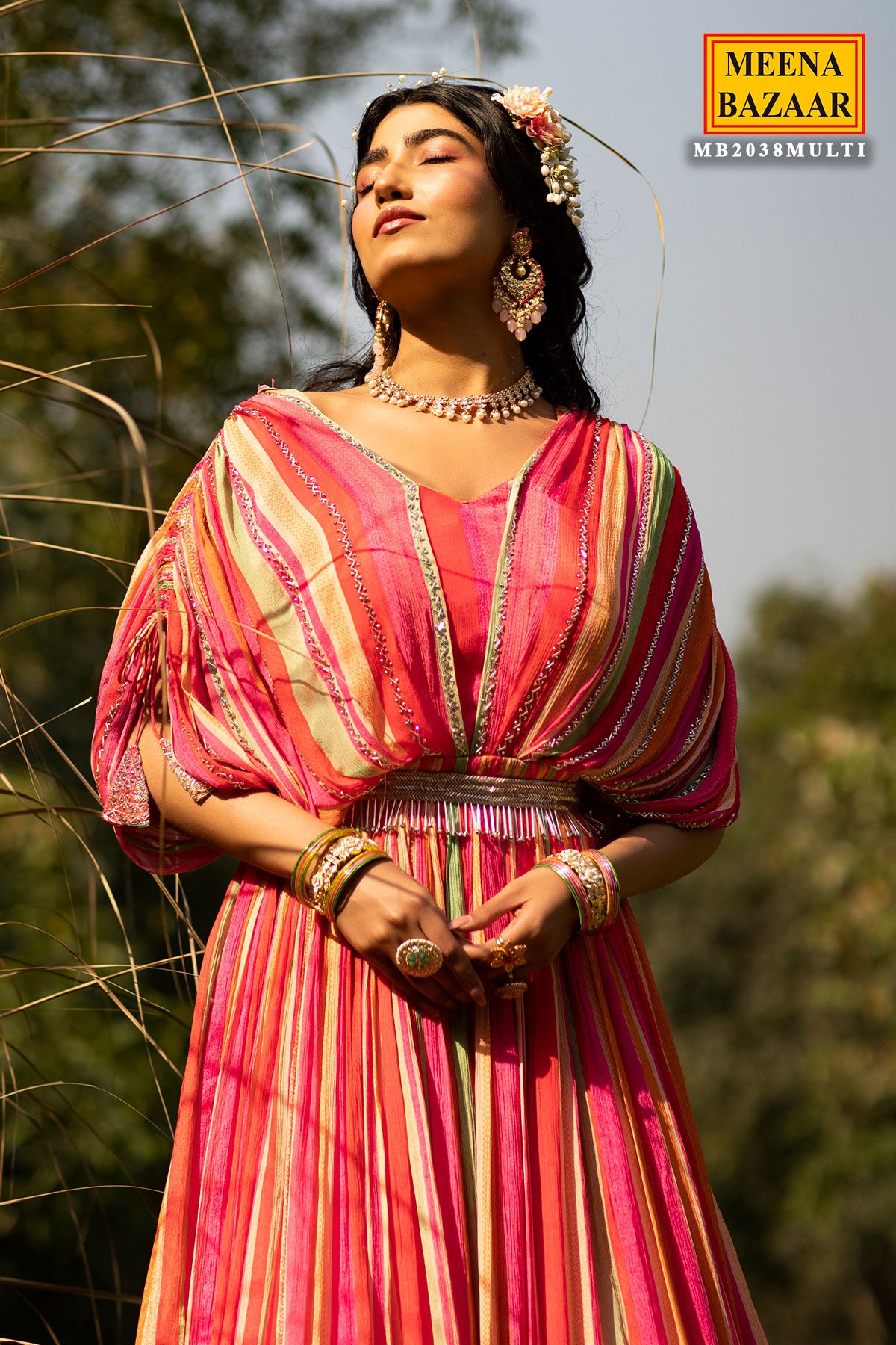 Pink Chinon Striped Floor Length Dress With Cape Sleeves