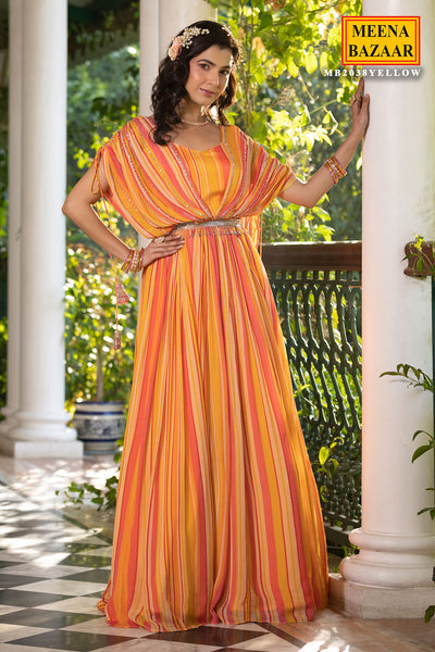 Yellow Chinon Striped Floor Length Dress With Cape Sleeves