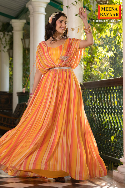 Yellow Chinon Striped Floor Length Dress With Cape Sleeves