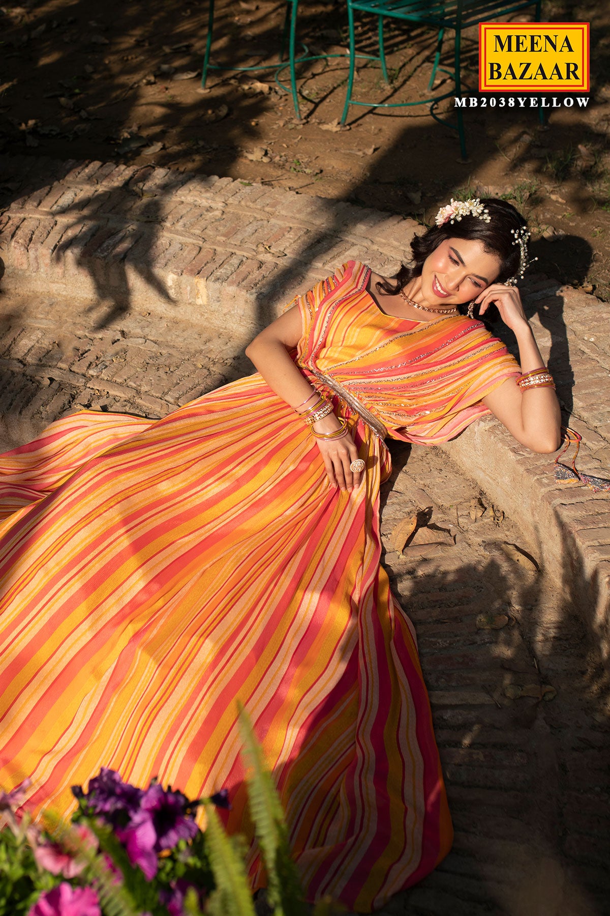 Yellow Chinon Striped Floor Length Dress With Cape Sleeves