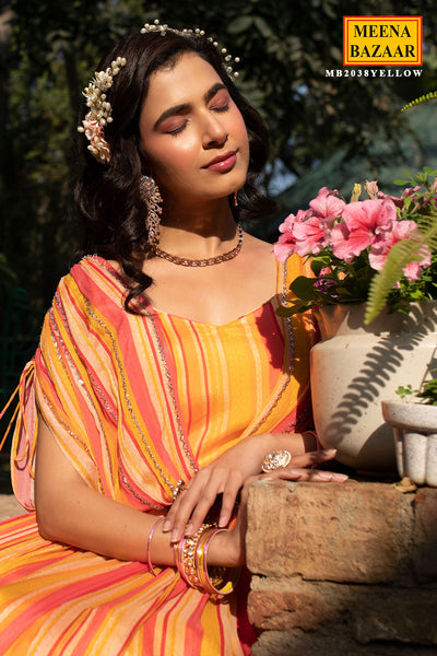 Yellow Chinon Striped Floor Length Dress With Cape Sleeves