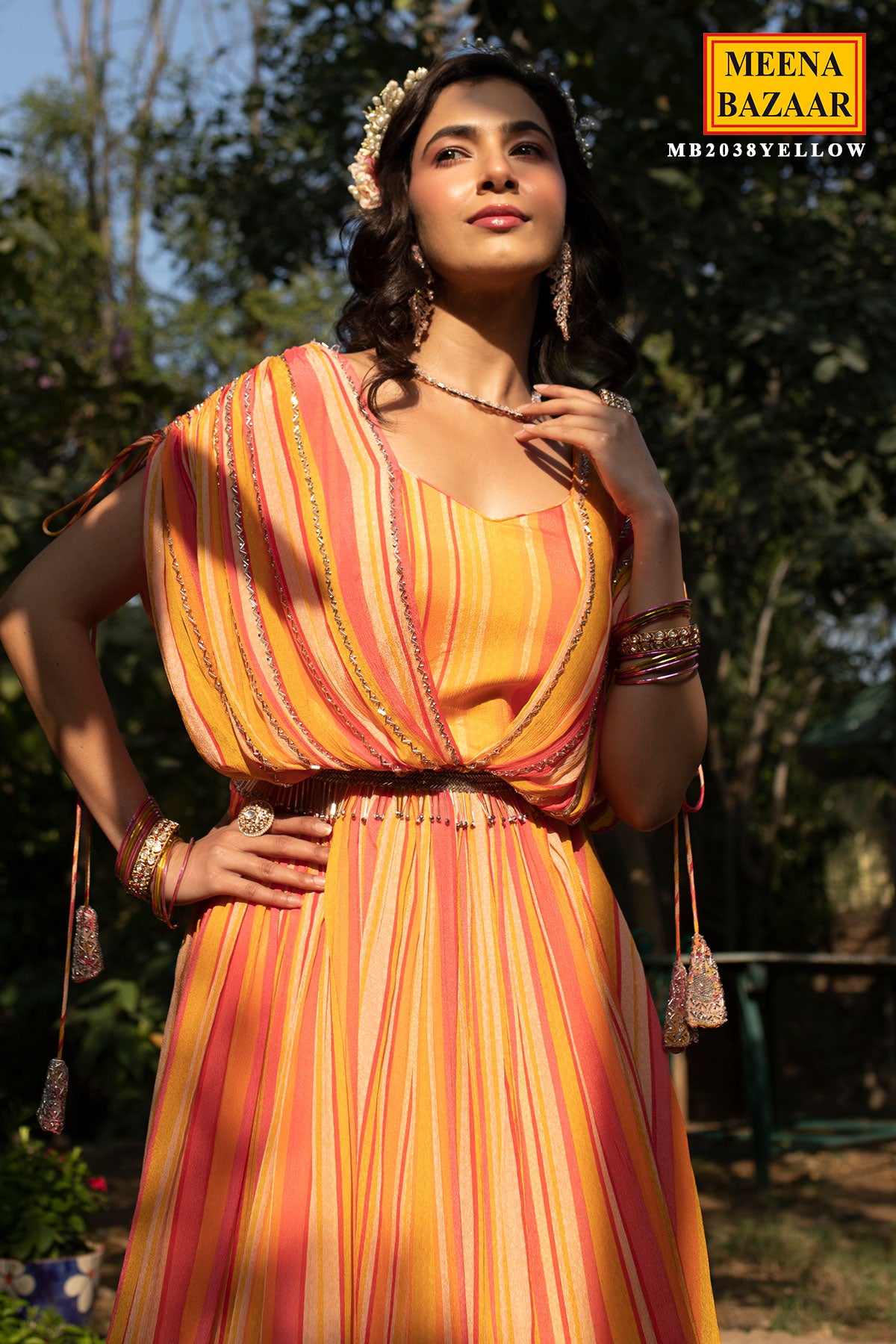 Yellow Chinon Striped Floor Length Dress With Cape Sleeves