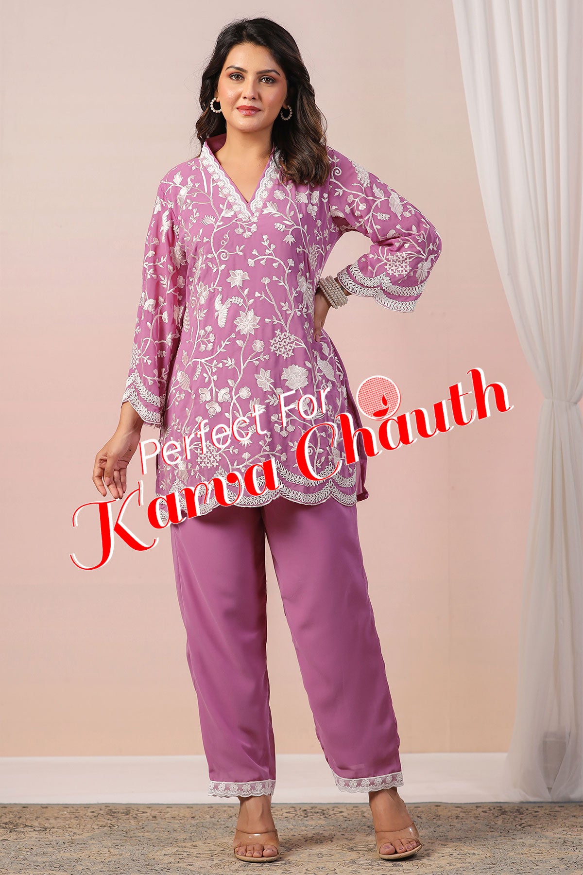 Mauve Georgette Thread Embroidered Co-Ordinate Set