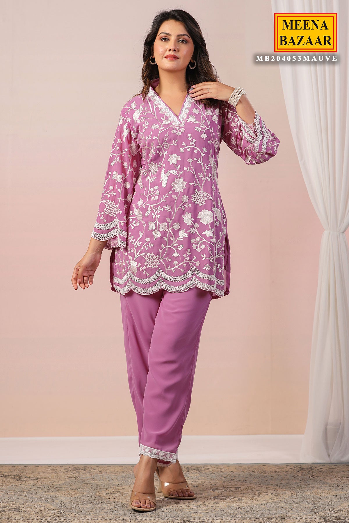 Mauve Georgette Thread Embroidered Co-Ordinate Set