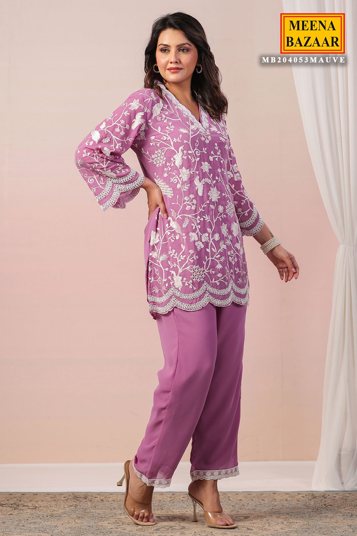 Mauve Georgette Thread Embroidered Co-Ordinate Set