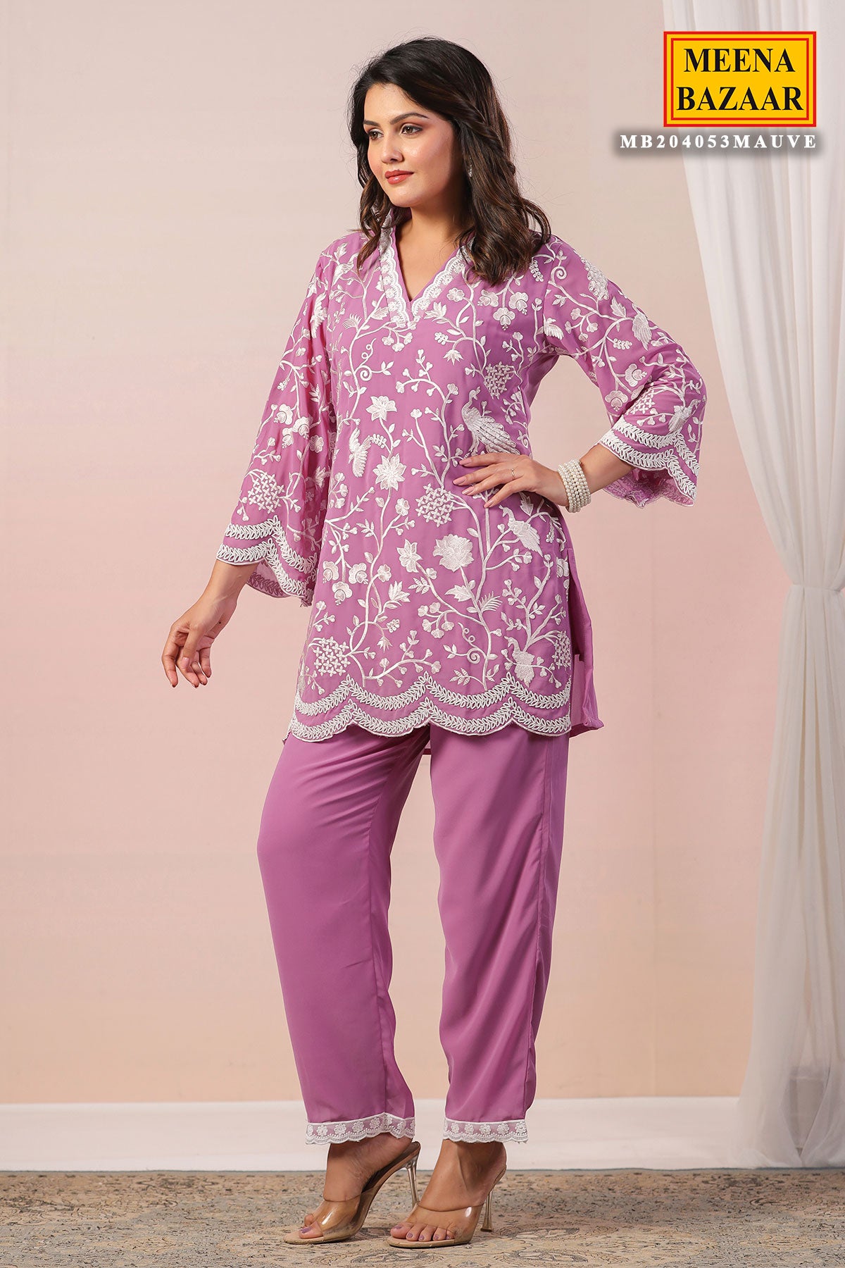 Mauve Georgette Thread Embroidered Co-Ordinate Set