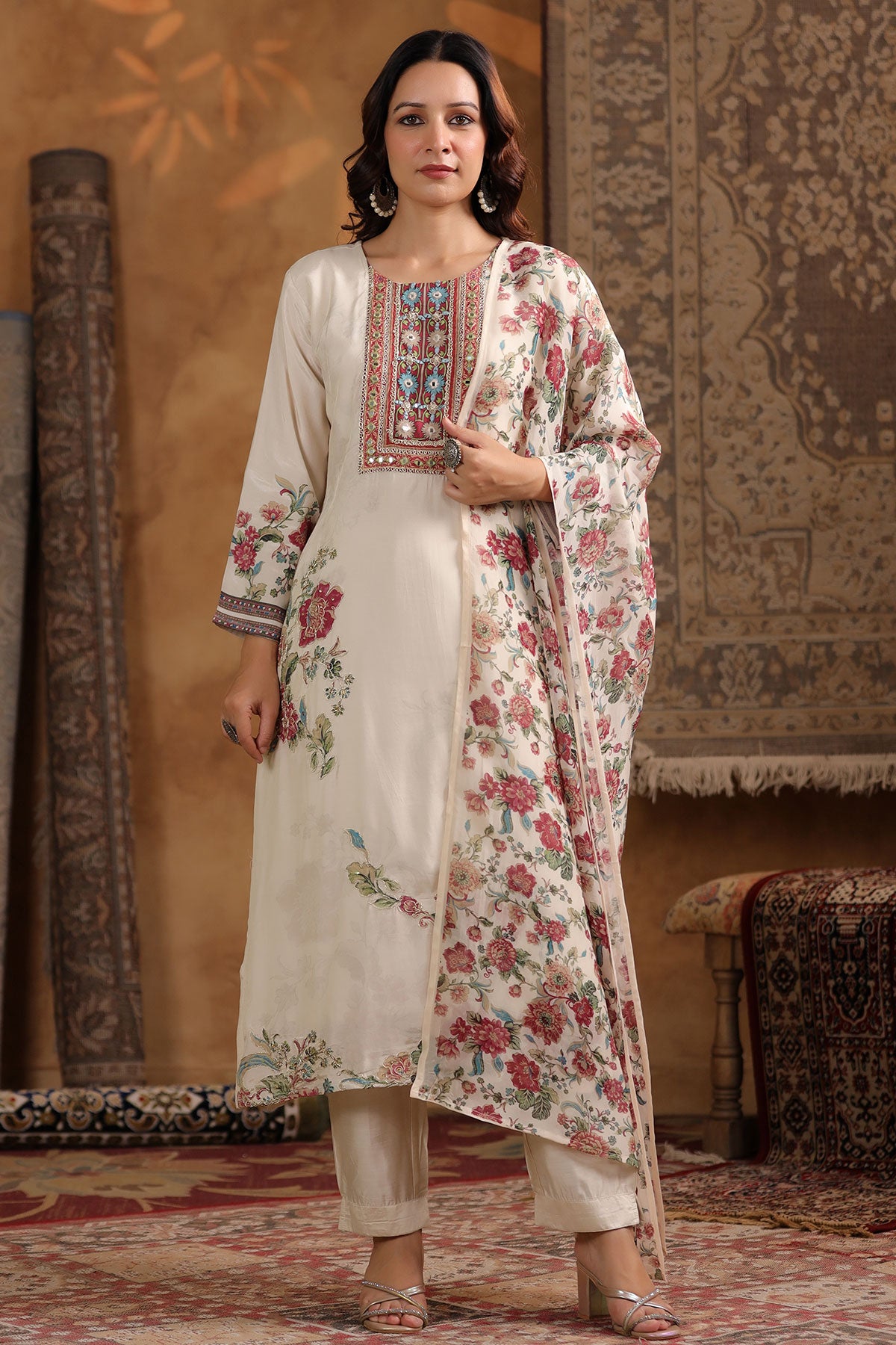 Cream Crepe Suit Ready Made Set with Embroidered Detailing