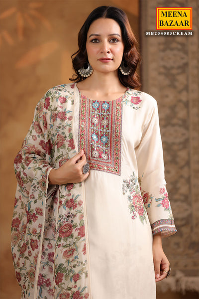 Cream Crepe Suit Ready Made Set with Embroidered Detailing