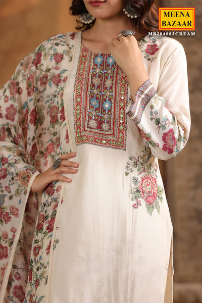 Cream Crepe Suit Ready Made Set with Embroidered Detailing