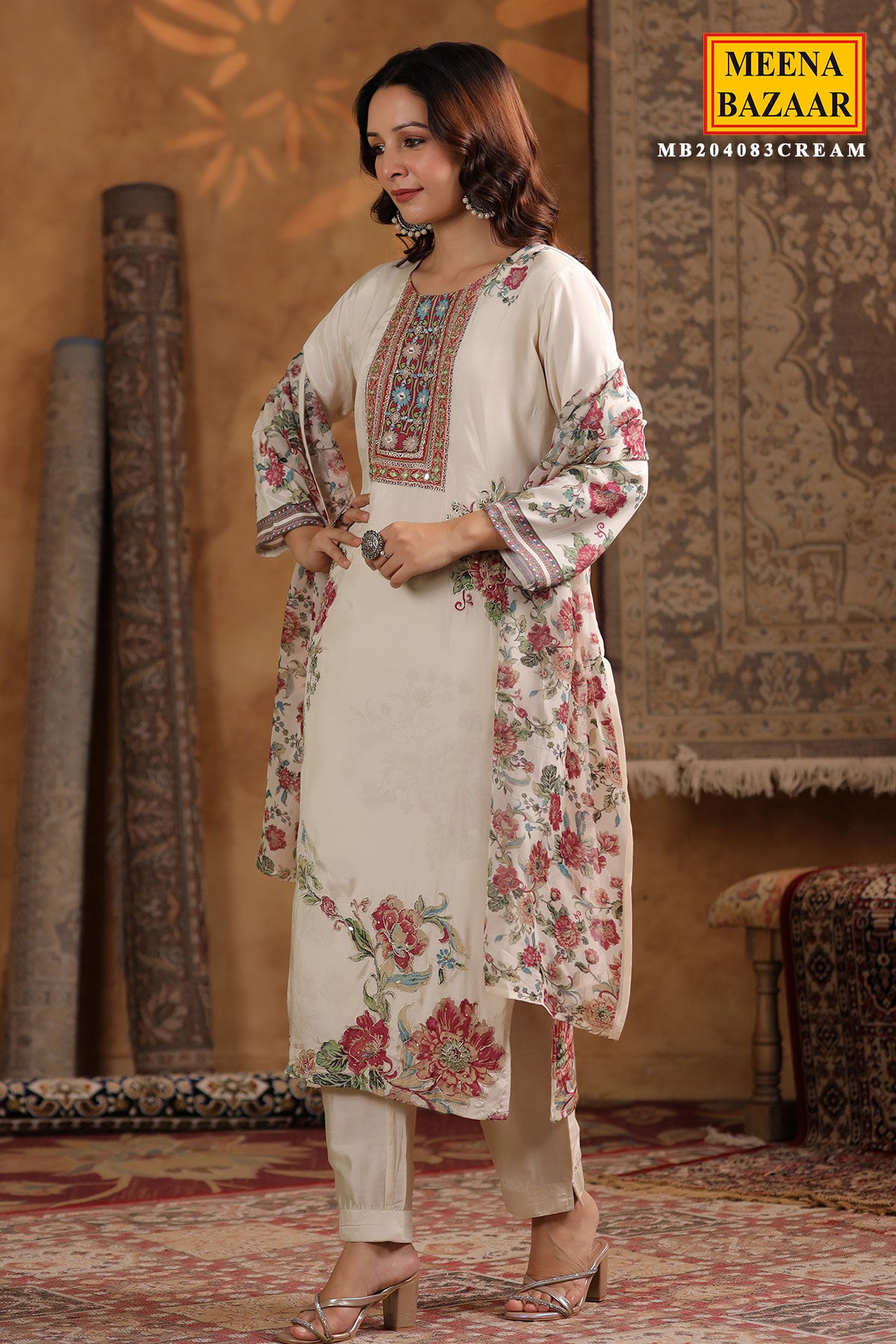 Cream Crepe Suit Ready Made Set with Embroidered Detailing