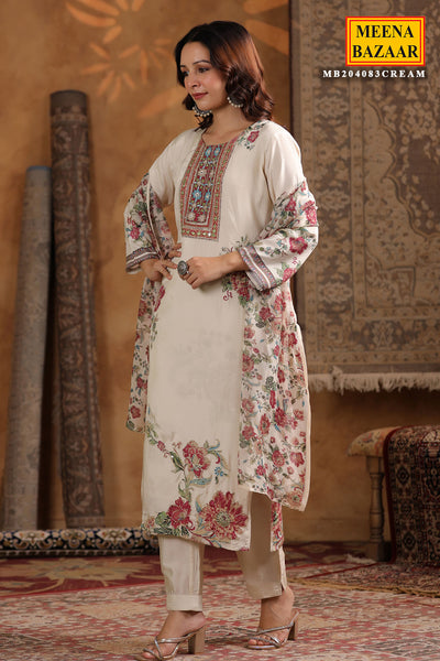 Cream Crepe Suit Ready Made Set with Embroidered Detailing