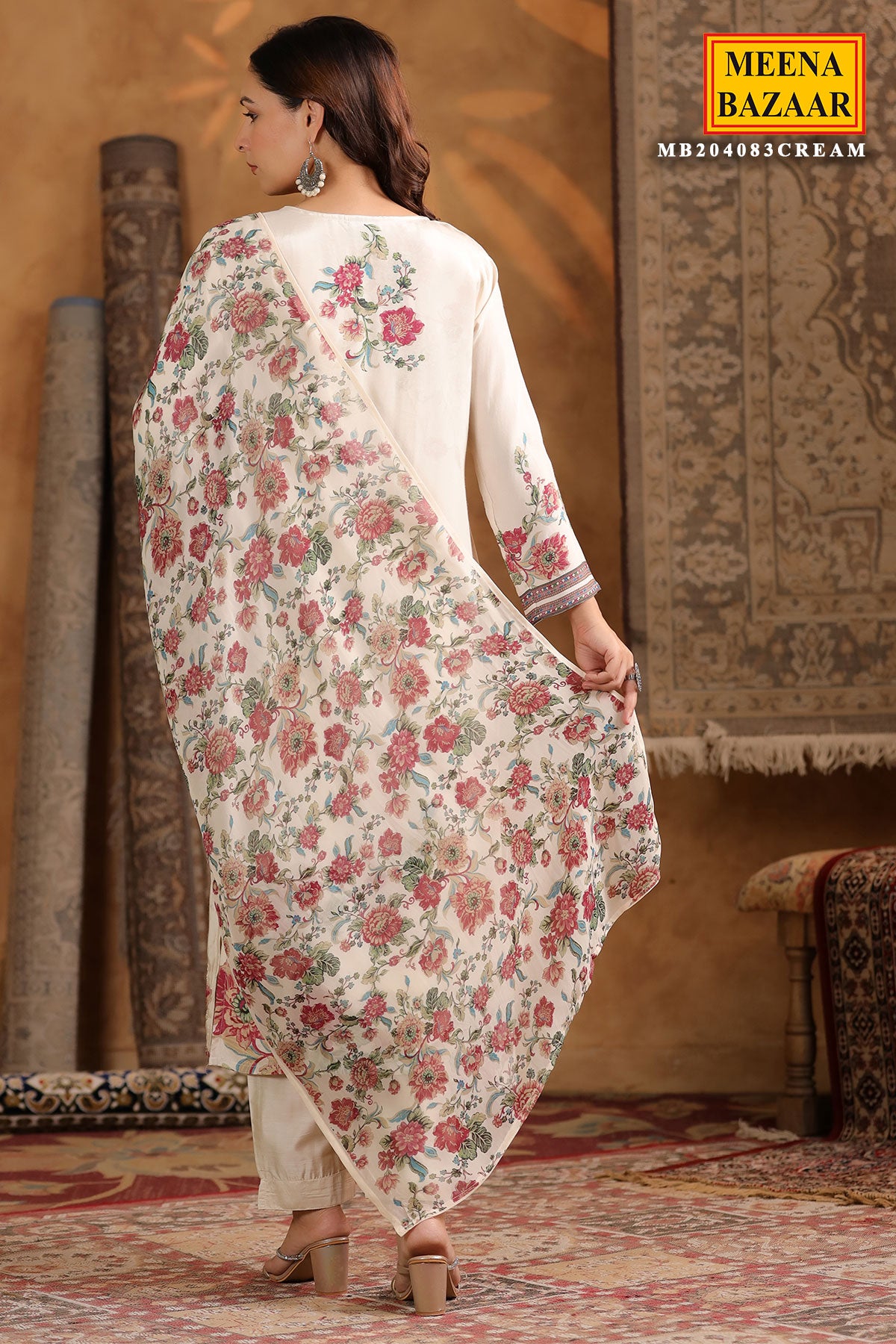 Cream Crepe Suit Ready Made Set with Embroidered Detailing