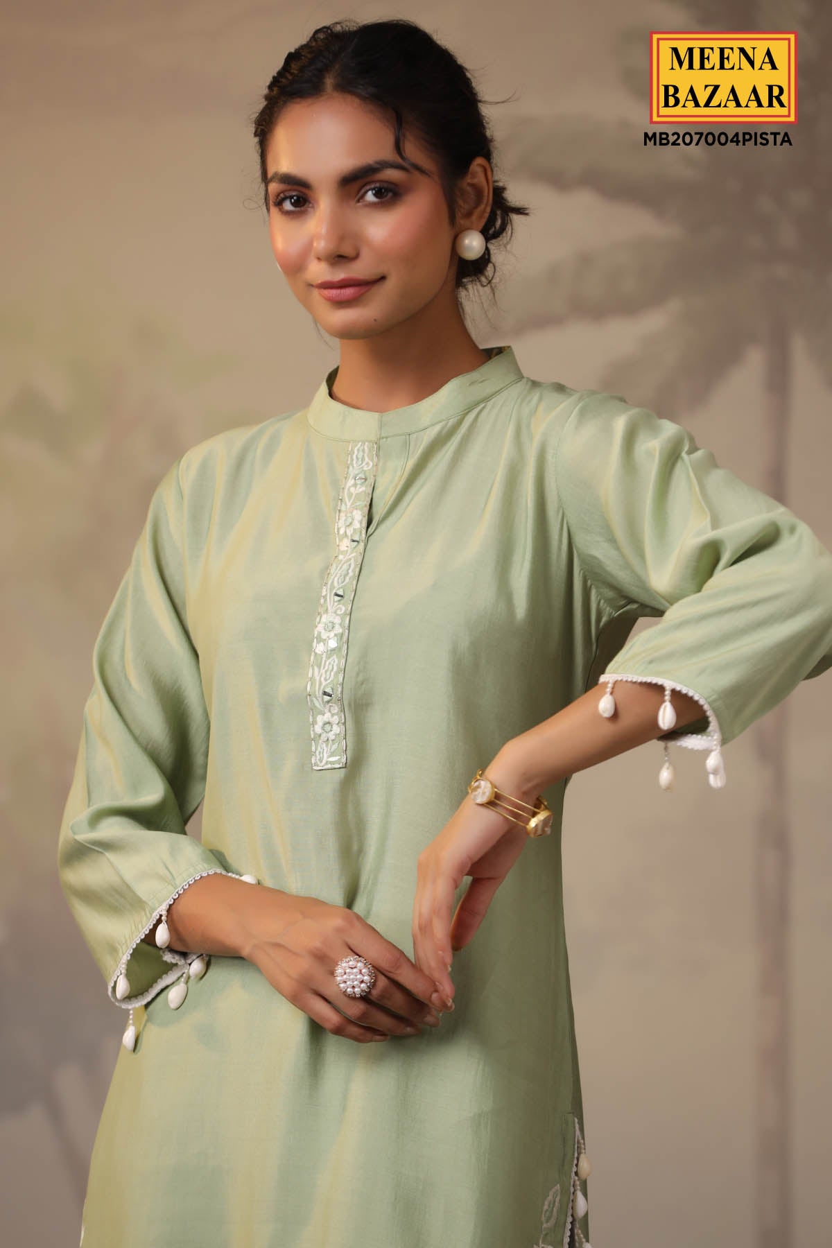 Pista Muslin Floral Embroidered Straight Fit Kurta with Pant