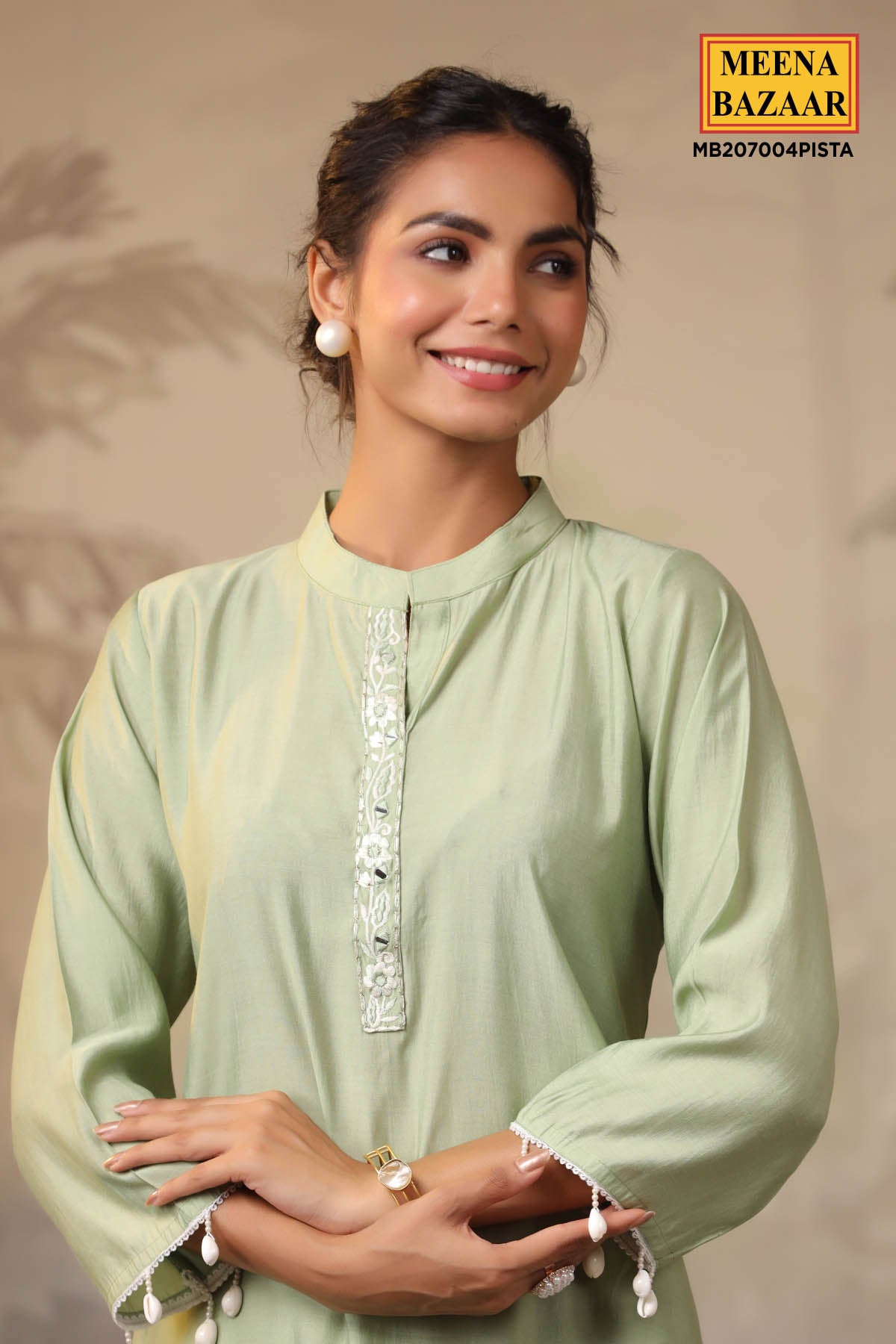 Pista Muslin Floral Embroidered Straight Fit Kurta with Pant