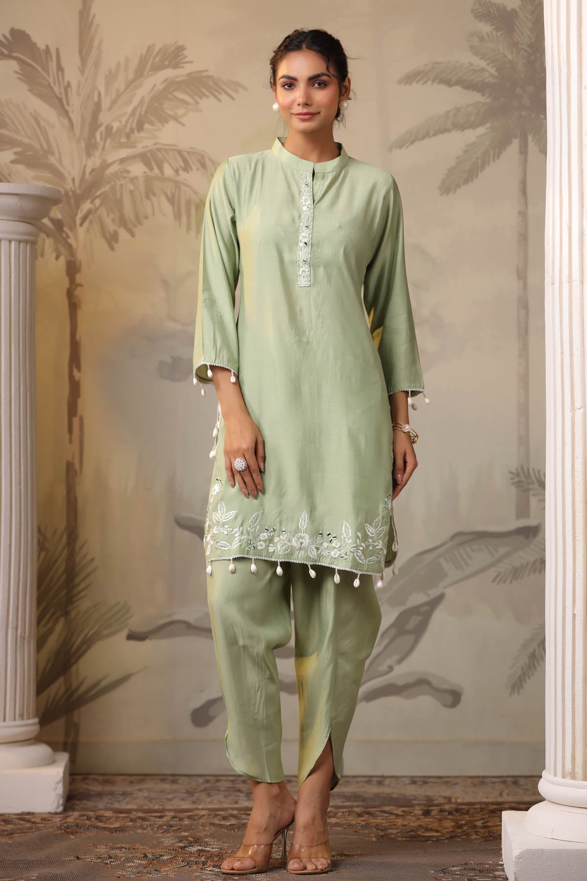 Pista Muslin Floral Embroidered Straight Fit Kurta with Pant