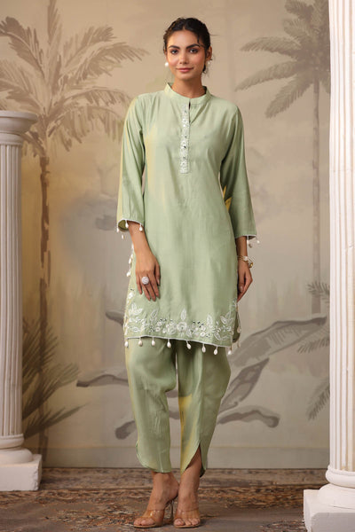 Pista Muslin Floral Embroidered Straight Fit Kurta with Pant