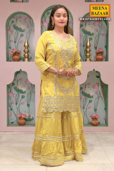 Mustard Satin Crepe Gota Patti Embroidered Suit