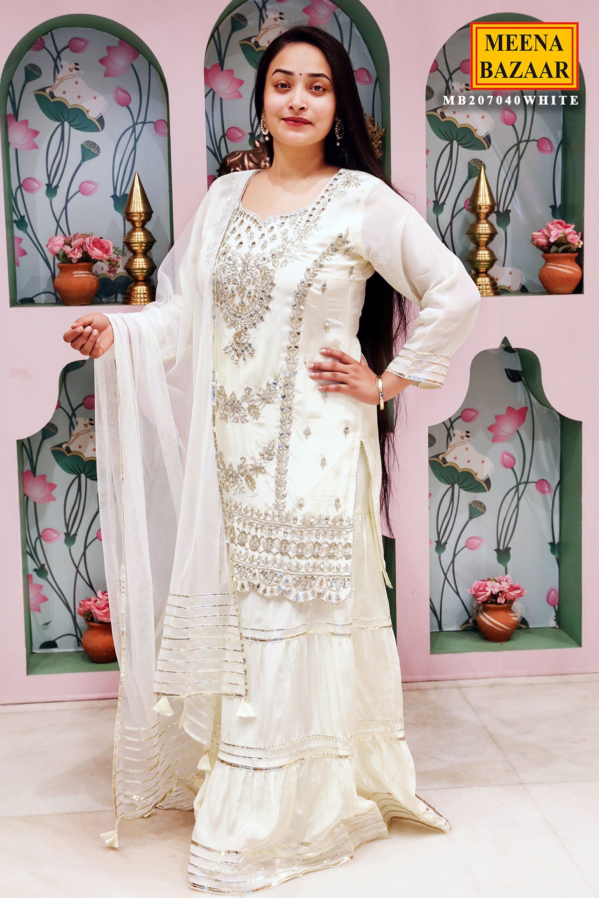 Cream Satin Crepe Gota Patti Embroidered Suit