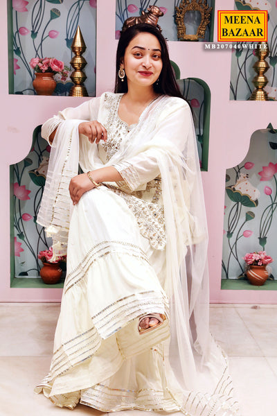 Cream Satin Crepe Gota Patti Embroidered Suit