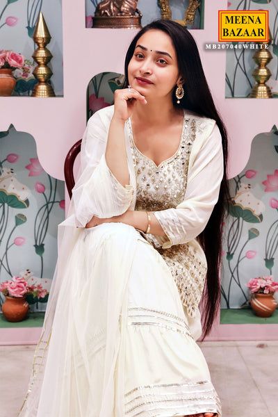 Cream Satin Crepe Gota Patti Embroidered Suit