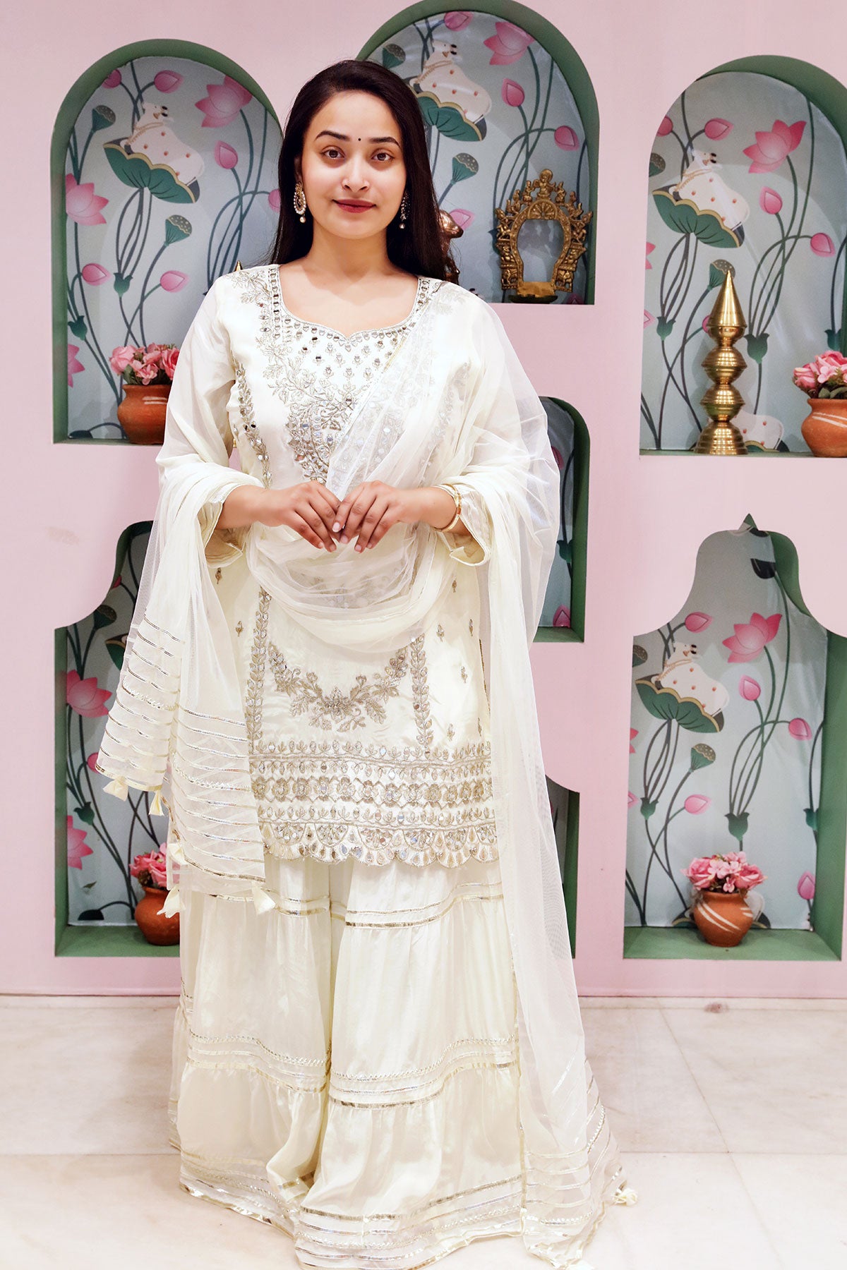 Cream Satin Crepe Gota Patti Embroidered Suit