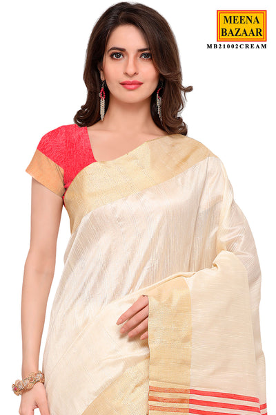 Cream Blended Silk Woven Saree