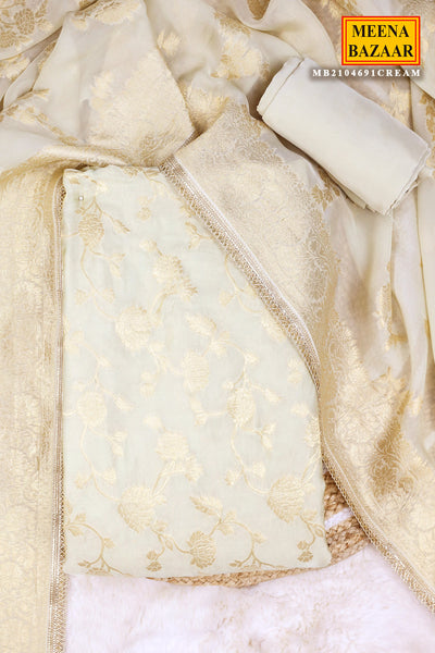 Cream Silk Zari Weaving Unstitched Suit