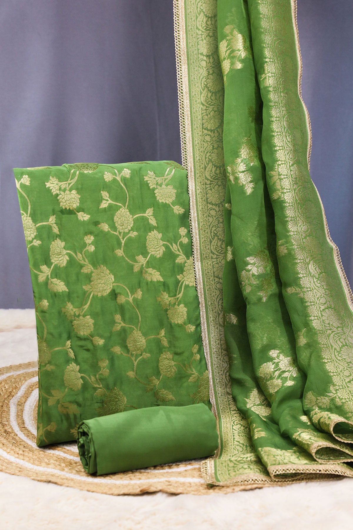 Green Silk Zari Weaving Unstitched Suit