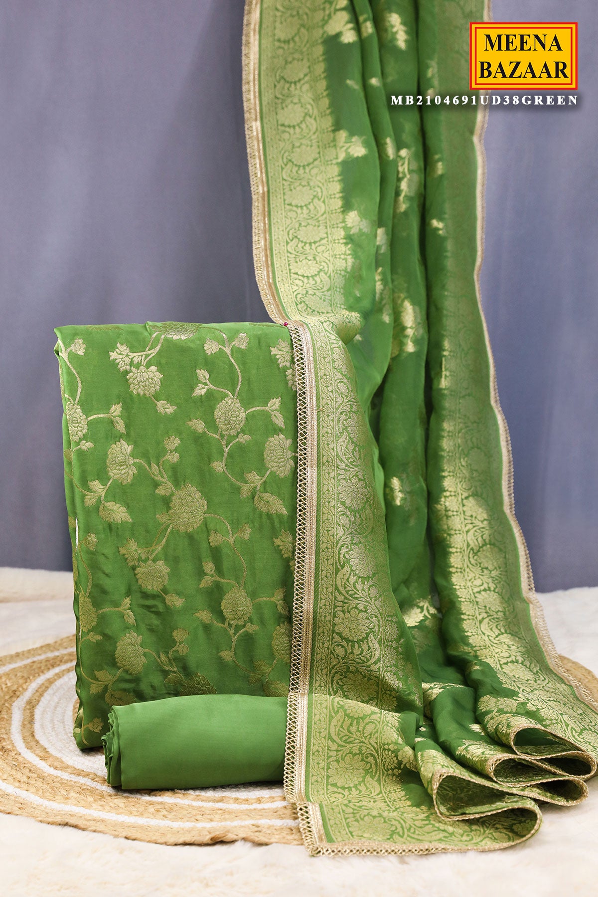 Green Silk Zari Weaving Unstitched Suit