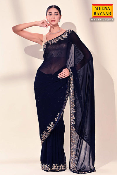 Navy Blue Georgette Floral Sequins Embroidered Saree